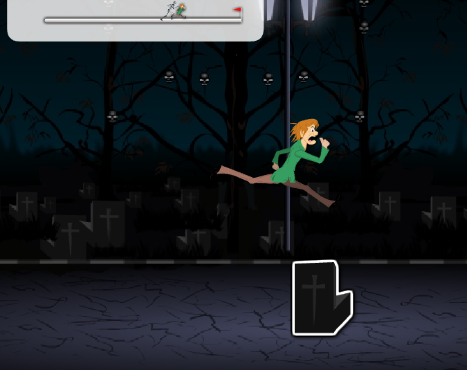 Scooby Doo Creepy Run gameplay screenshot showing a ground obstacle jump